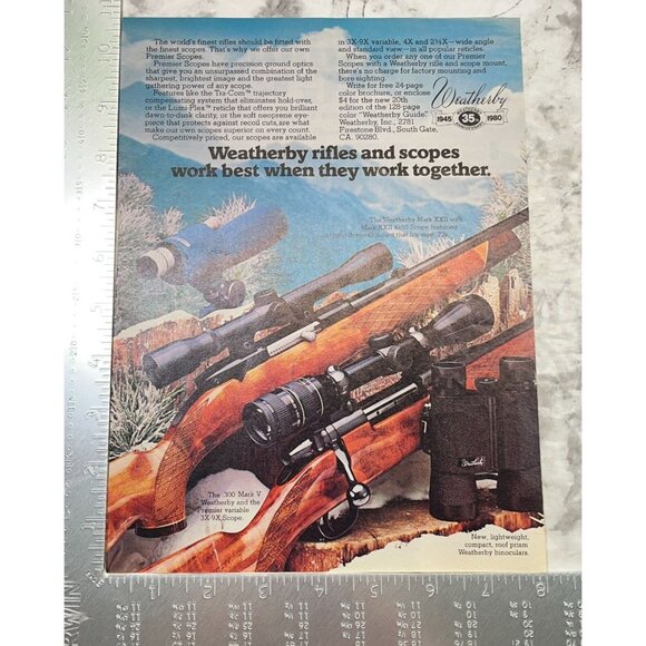 Weatherby Rifles Scopes Print Ad Vintage 1980 Hunting Firearms Binoculars - Picture 2 of 5